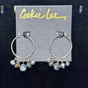Cookie Lee Silver‎ Tone Hoop Earrings w/ Faceted Crystal Dangles ~1.25"